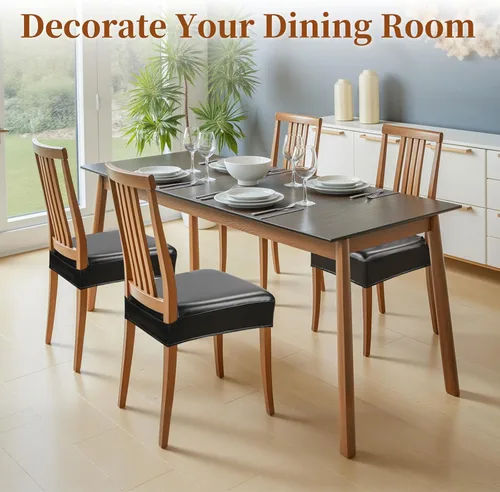 Vista 2 de Juego de 4 fundas de asiento impermeables para sillas de comedor, fundas de asiento de cocina de cuero, resistentes a las manchas, fundas elásticas