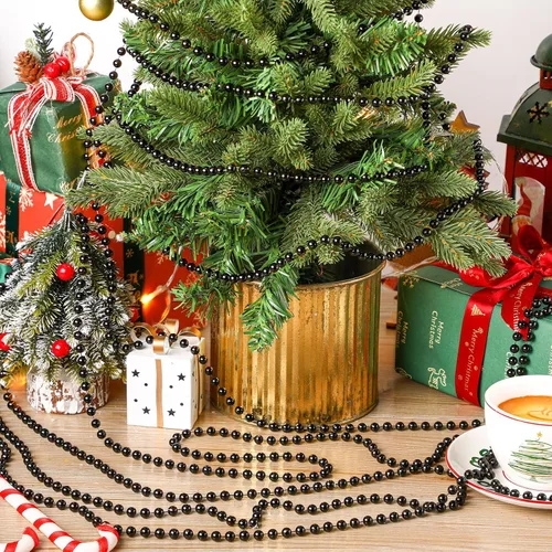 Vista 6 de WILLBOND Cuentas de árbol de Navidad de 50 pies, guirnalda de perlas artificiales, rollo de cuentas de plástico para árbol de Navidad, boda, Negro