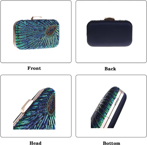 Vista 4 de LIFEWISH Bolso de noche único con lentejuelas de lujo para mujer, para boda, novia, fiesta, graduación, bolso de mano (azul pavo real)