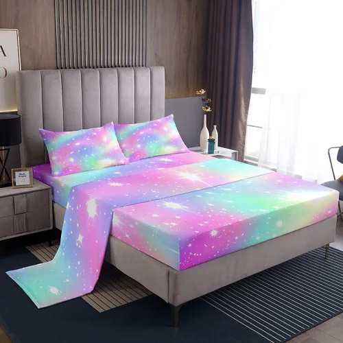 Vista 42 de Juego de sábana bajera ajustable de teñido anudado para niñas, juego de ropa de cama con diseño de arco iris degradado de arcoíris, lindo juego