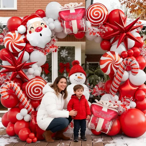 Vista 5 de Kit de guirnalda de globos de Navidad en forma de arco con globos rojos y blancos, caramelo, bastón, estrella, estrella de explosión, caja