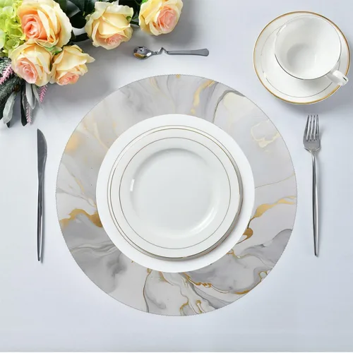 Vista 3 de Round Placemats Set of 6, White Golden Marble Print Heat Resistant Washable Place Mats Table Mat for Kitchen Dining Party