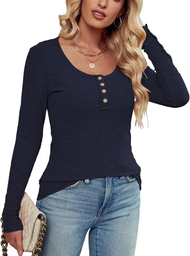 Vista 5 de Hount Camisetas casuales de manga larga para mujer, ajustadas, con botones, estilo Henley, básicas, de punto acanalado, lisas, para otoño