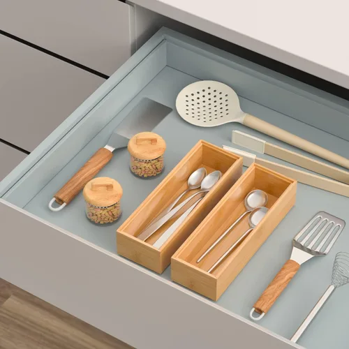 Vista 2 de VeyFey Bandeja de cubiertos para cajón, organizador apilable de bambú para cajones de cocina, 9 x 3 x 2 pulgadas, juego de 2