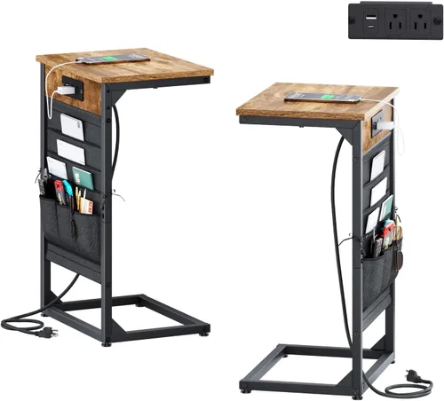 Vista 9 de Mesa auxiliar en forma de C con estación de carga rápida, mesa lateral pequeña para sofá con bolsa de almacenamiento, bandeja de TV para sofá