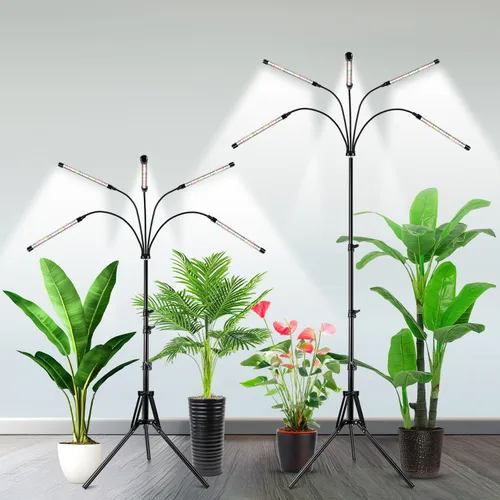 Vista 9 de Garpsen Luz de crecimiento con soporte, luces de cultivo de 5 cabezas para plantas de interior, luz de planta LED de 100 diodos de espectro completo