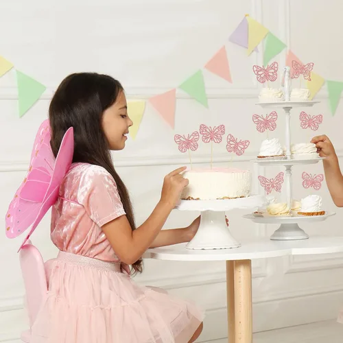 Vista 5 de Gyufise 36 adornos de mariposa de oro rosa con purpurina para cupcakes, arte hueco en 3D, decoración para cupcakes temáticos de mariposa, baby
