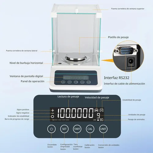 Vista 2 de Báscula de laboratorio de precisión de 0.00 oz, balanza analítica, balanza electrónica de laboratorio con pesos digitales e interfaz RS232