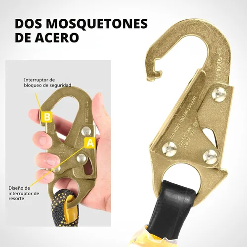 Vista 6 de TRSMIMA Arnés de Cuerda con Cordón de Seguridad: Cuerda Vertical para Techos de 25 pies con Ganchos de Agarre Rápido Amortiguador de Impactos - Kit