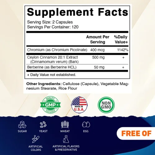 Vista 2 de Vitamatic Canela de Ceilán y berberina con cromo - Extracto botánico a base de plantas - Cápsulas vegetales - Sin OMG, sin gluten - Suplemento