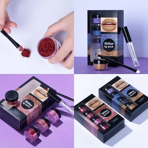 Vista 8 de Animakeup Kawaii Kisses - Kit de labios con purpurina de 4 colores, pastel de arándanos, acabado metálico y brillante con base para labios y pincel