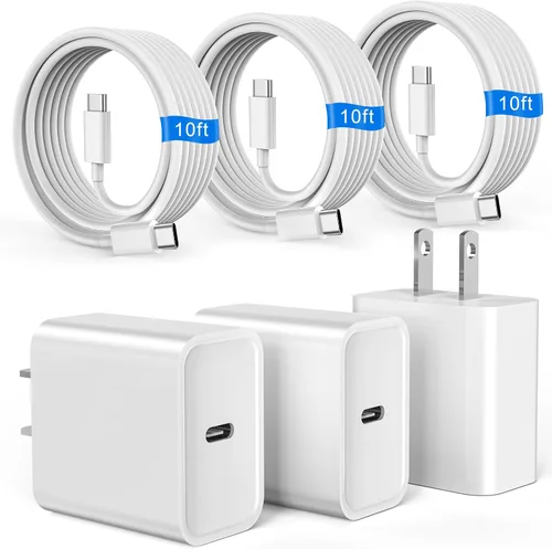 Vista 11 de Cargador de carga rápida para iPhone 16 y 15, paquete de 3 cargadores USB C PD de 20 W con cable de 10 pies, cable USB C tipo C para iPhone 16/16