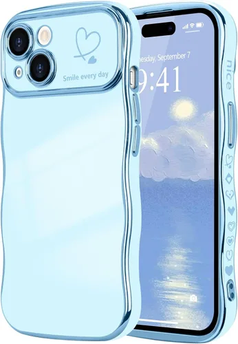 Vista 95 de LCHULLE - Funda para iPhone Air, linda para mujeres y niñas, con forma de onda, color azul bebé Luxury Plating Curly Wavy Frame with Love Heart