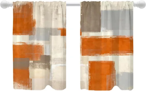 Vista 59 de Shrahala Beige and Orange Abstract Art Brushstrokes Blackout Curtain Tiers, Abstract Oil Paint Kitchen Valance Light Blocking Tier Drapes with Rod