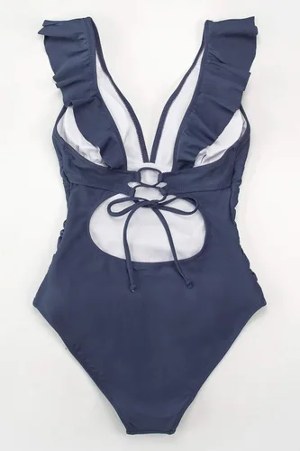 Vista 3 de CUPSHE Traje de baño de una pieza con volantes para mujer con cuello en V y cordones