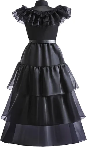 Vista 3 de LZH Wednesday Addams Costume Dress For Girls Kids Cosplay Addams Dress Up Halloween Costume With Wigs Belt Earrings