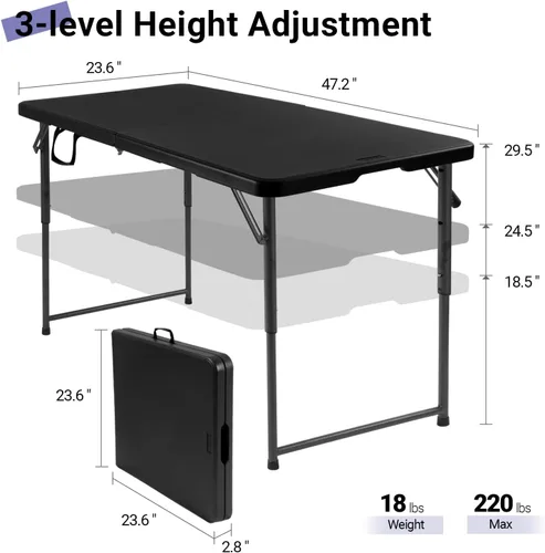 Vista 3 de Byliable Mesa plegable de 4 pies, mesa plegable de plástico portátil resistente de 4 pies con asa de transporte para interiores y exteriores