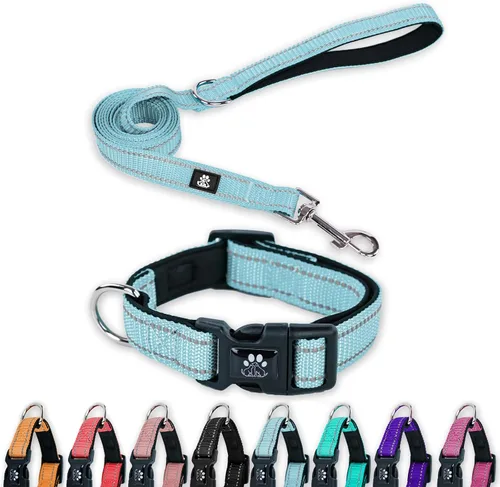 Vista 10 de FURRYFECTION Juego de collar y correa reflectante para perro con hebilla de liberación rápida, neopreno acolchado de nylon ajustable para perros