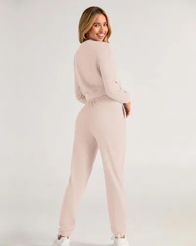 Vista 60 de BTFBM Conjunto deportivo de 2 piezas para mujer, camiseta corta de manga larga, sin botones, pantalón con cordón ajustable, pantalones deportivos