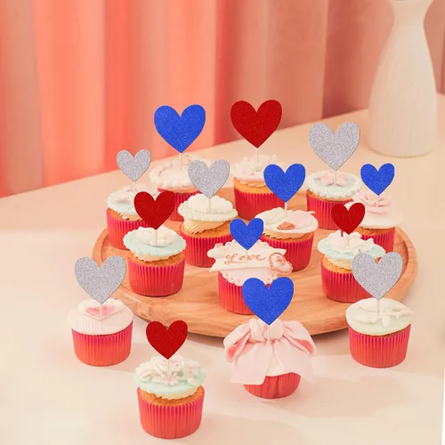 Vista 4 de 30 piezas de decoración para cupcakes con diseño de corazón con purpurina para cupcakes, boda, compromiso, despedida de soltera, decoración de Azul