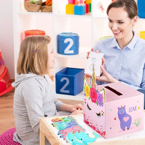 Vista 5 de Zonon Buzón de San Valentín, tarjetas de unicornio para el día de San Valentín, regalos con sobres y calcomanías para intercambio en el aula