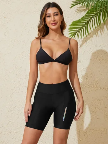 Vista 2 de ATTRACO Pantalones cortos de natación de cintura alta para mujer, con bolsillo, de secado rápido