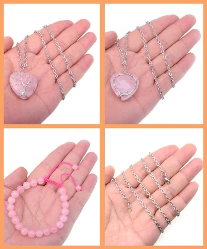 Vista 3 de LPBeads Collar de piedra de cristal curativo de corazón, colgante de chakra del árbol de la vida envuelto en alambre con pulsera y bolsa de joyería