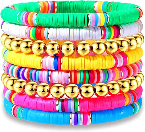 Vista 43 de Surfer Heishi - Pulseras apilables para mujer, apilables, de vinilo arcoíris, disco de arcilla, pulseras elásticas para la amistad, joyería bohemia
