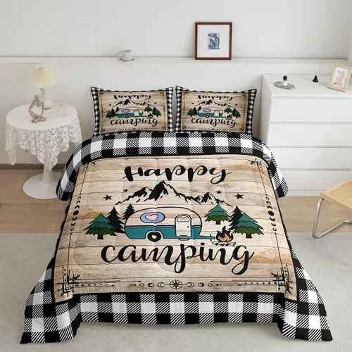 Vista 27 de Erosebridal Juego de edredón de cabaña de cabaña, juego de ropa de cama individual para niños, edredón de campamento con temática de campamento