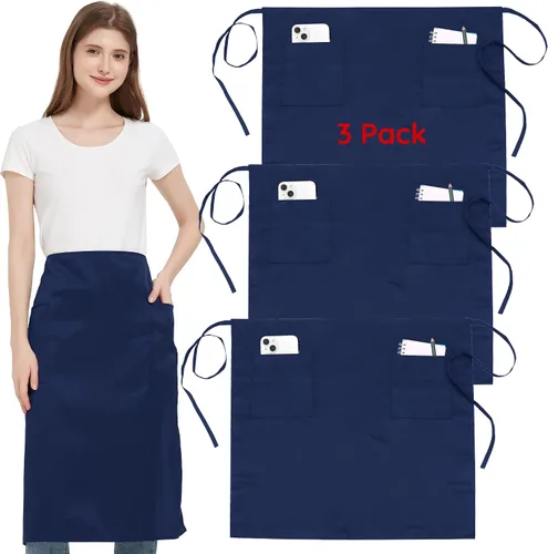 Vista 13 de Paquete de 3 delantales de cintura con 3 bolsillos, delantales de camarero unisex negros, delantales resistentes al agua para restaurante, chef y bar