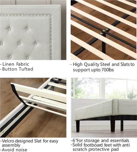 Vista 6 de Base de cama de plataforma tapizada tamaño matrimonial con cabecero ajustable de 48 pulgadas de alto, cama de terciopelo de lino con botones
