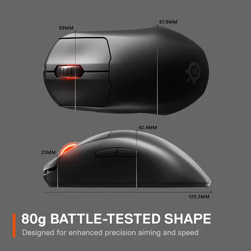 Vista 7 de SteelSeries Prime mouse inalámbrico para videojuegos FPS, con interruptores ópticos magnéticos y 5botones programables, USB-C, 18,000CPI, con sensor