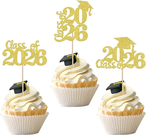 Vista 16 de 24 piezas 2026 temáticas de graduación 2026 decoraciones para cupcakes con purpurina clase de 2026 Diploma Congrats 2026 Tapa de graduación