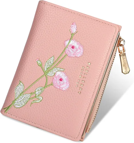 Vista 9 de Billetera pequeña para mujer, doble bordado, con flores, bloqueo RFID, piel sintética, con bolsillo con cremallera para mujeres y niñas (negro)