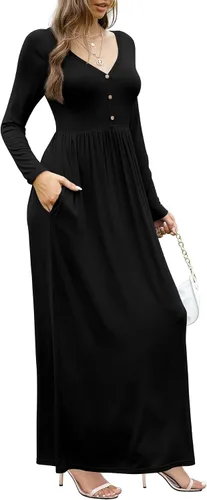 Vista 4 de GRECERELLE Vestido de manga larga con cuello en V para mujer, estilo casual, con botones, maxi, 2025, con bolsillos 01 Negro