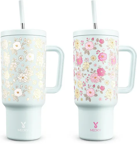 Vista 16 de Meoky - Vaso de 30 oz con asa, tapa y pajilla, taza de viaje térmica de acero inoxidable 100% a prueba de fugas, para portavasos, mantiene el frío