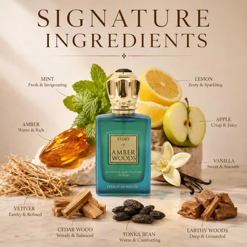 Vista 3 de Prince Parfums Dubai - The Story of Amber Woods - 3.4 onzas - Exquisito Extrait de Parfum para hombre - Aroma rico y lujoso de ámbar, cedro, vetiver