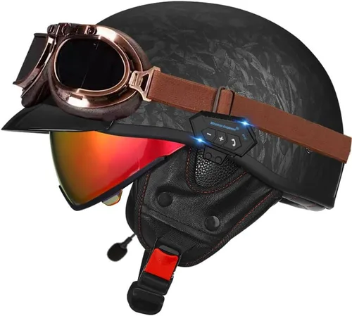 Vista 22 de Casco de cara abierta con Bluetooth para hombres y mujeres, casco retro de estilo alemán con diseño de calavera, visera con gafas, casco de media