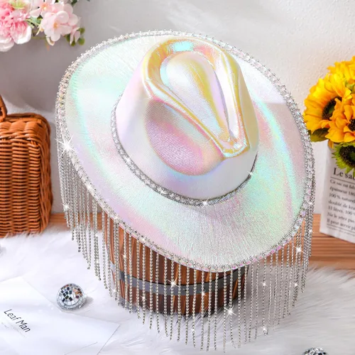 Vista 6 de Toulite Sombrero de vaquero con purpurina de diamantes de imitación occidentales para mujer, sombrero de vaquera con lentejuelas brillantes