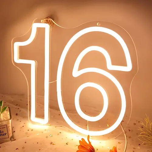 Vista 7 de Planzo 16 Dieciséis LED Neon Sign Light 16th Birthday Party Gift Decoración de pared Backdrop Bedroom Living Room Neon Light Sign Decor, Happy