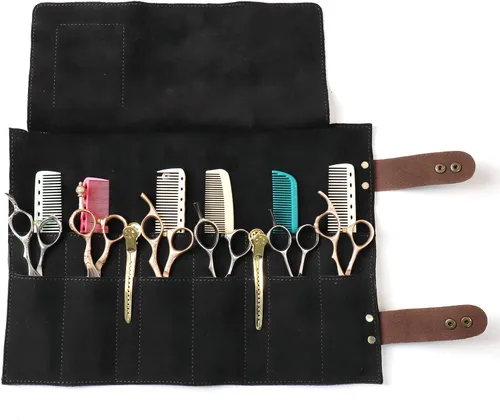 Vista 2 de Bolsa de tijeras de salón enrollable, 12 bolsillos de cuero genuino para estilista, soporte para tijeras de peluquería para peluquería Hj-ZP011-negro