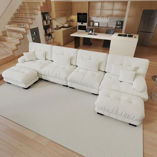 Vista 64 de Sofá modular de gran tamaño de 94 pulgadas, sofás seccionales grandes de color beige y blanco para sala de estar, juego de sofá de terciopelo, sofás