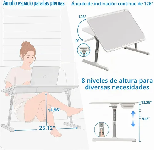 Vista 3 de Potuopy Escritorio ajustable para computadora portátil, bandeja de mesa de Gris
