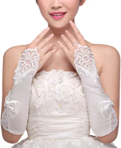 Vista 2 de De la Mujer Fingerless Stretch Satén Encaje para Novia guantes para Boda Fiesta Formal