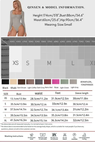 Vista 5 de QINSEN Body sexy de manga larga con cuello cuadrado para mujer