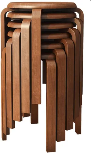 Vista 7 de Juego de 6 taburetes apilables de madera curvada, modernos taburetes de bar curvos con almohadillas anslizantes, redondos de madera para cocina