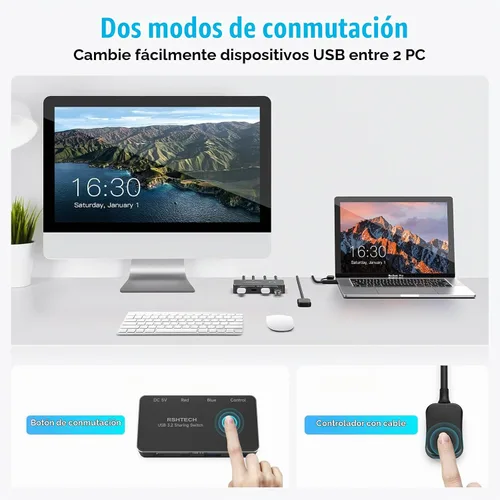 Vista 12 de RSHTECH USB 3.2/USB C Switch 10Gbps 2 ordenadores comparten 4 dispositivos, RSH-A201C Negro