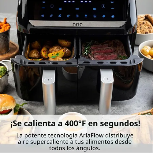 Vista 4 de Aria - Freidora de aire doble de 10 cuartos con 2 canastas, freidora de aire dual Smart Sync, fácil de limpiar, apta para lavavajillas, cesta doble