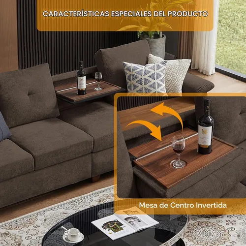 Vista 6 de Sofá Seccional Convertible con Almacenamiento, Sofá en Forma de L de 4 Asientos con Chaise y Portavasos, Sofás Modernos de Tela de Microfibra