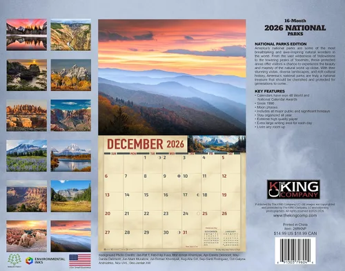 Vista 2 de The KING Company-Monster Calendars - Calendario de pared de parques nacionales 2026, 16 meses, tamaño XL, 14 x 22 pulgadas, calendario escénico